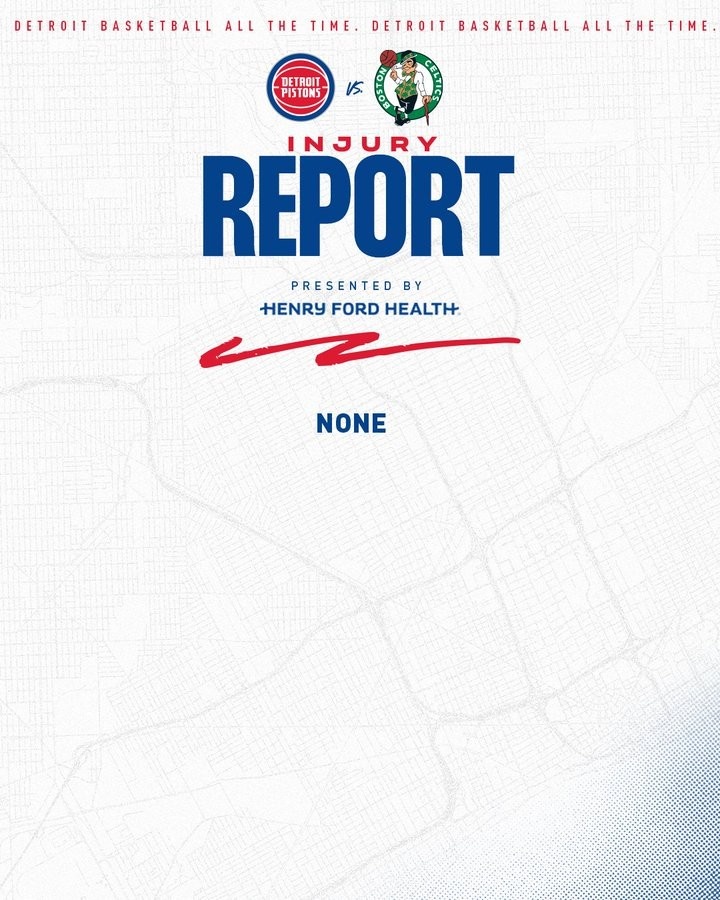 东部榜首！活塞客场挑战凯尔特人伤病报告：全员健康